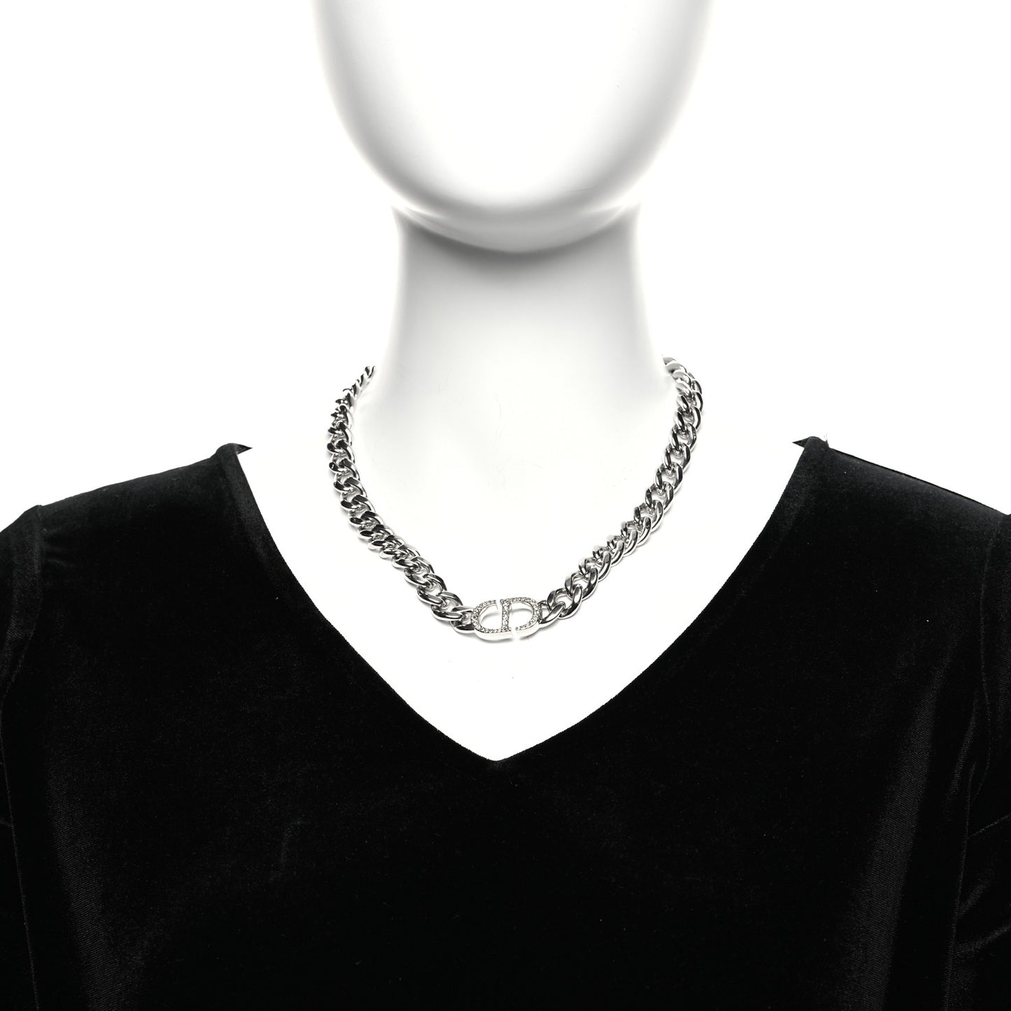 Metal Crystal CD Chain Link Necklace Silver