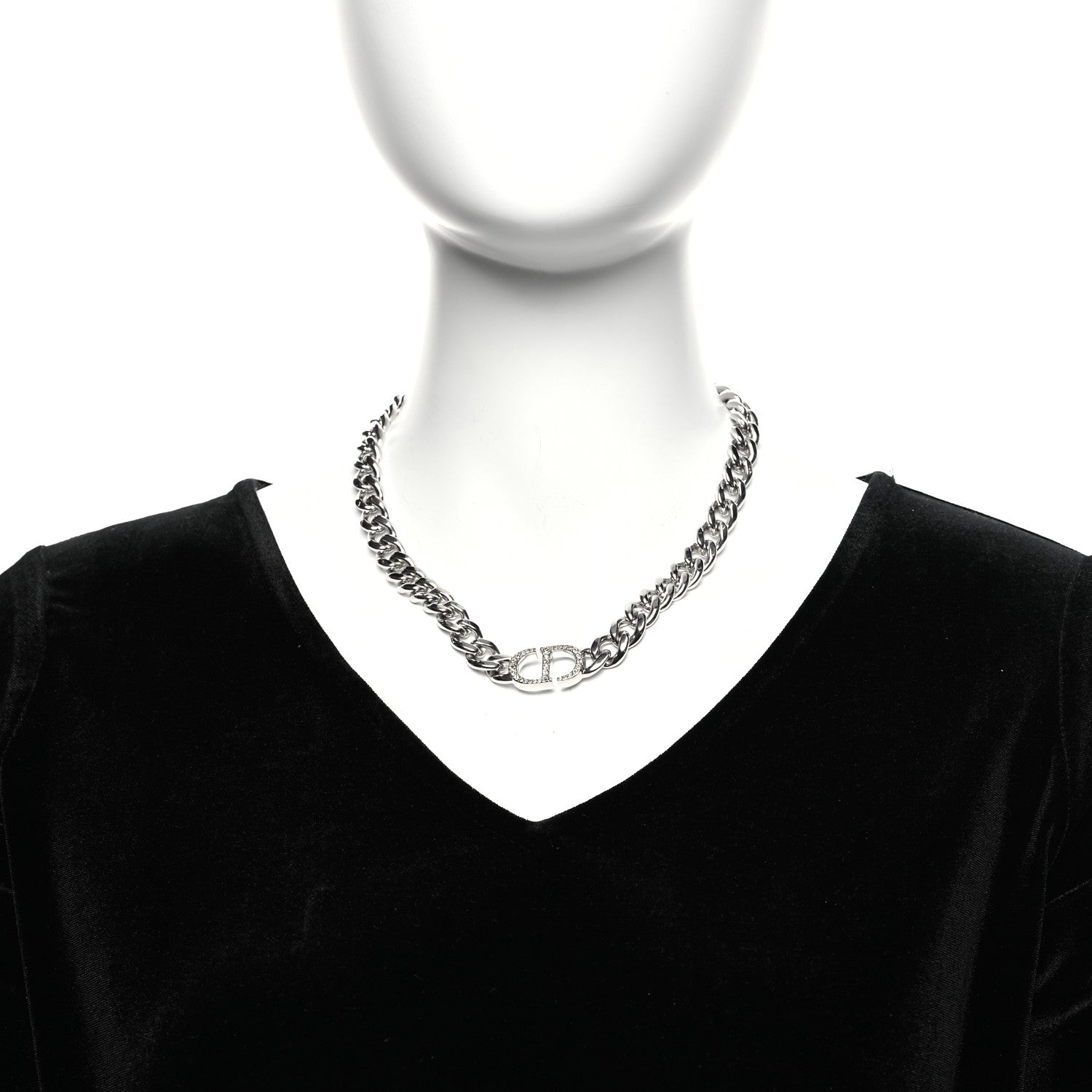 Christian Dior Metal Crystal CD Chain Link Necklace Silver 2 of 6
