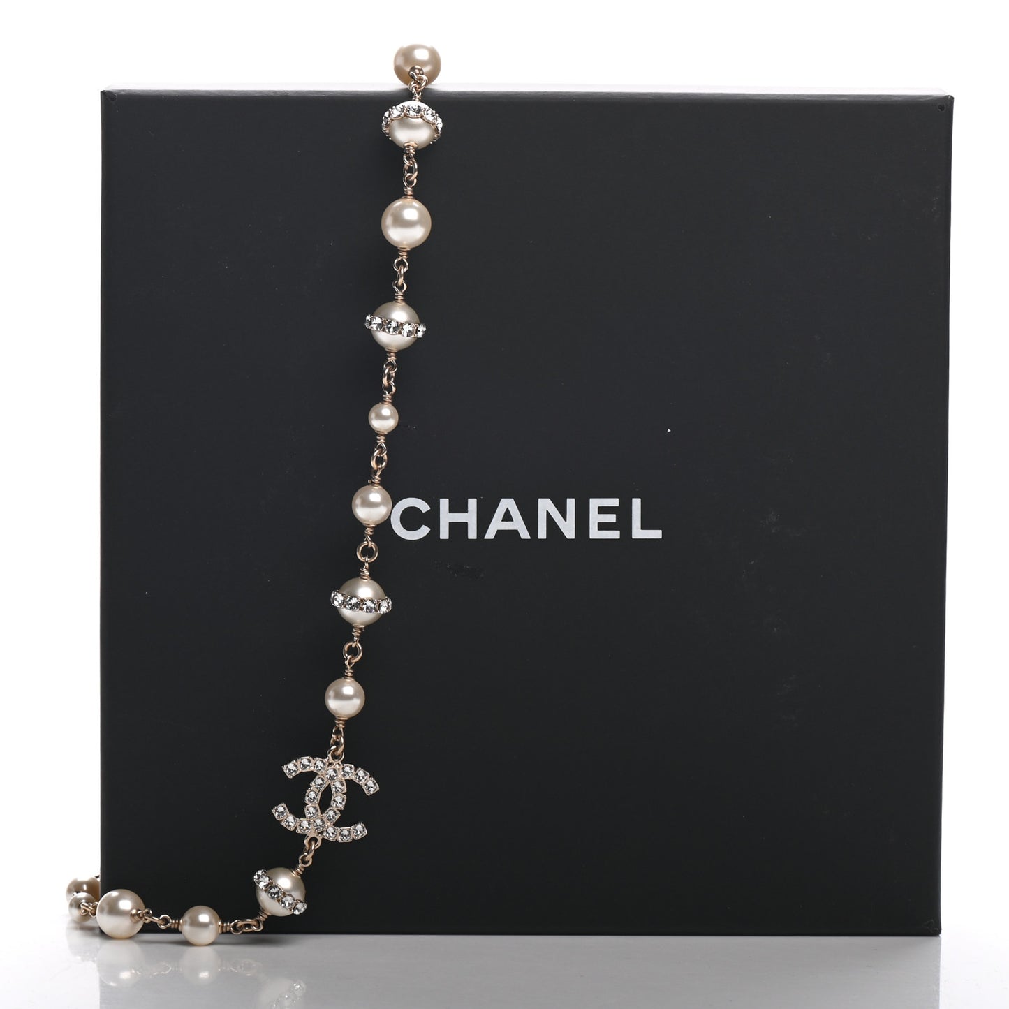 Crystal Pearl CC Long Necklace Gold