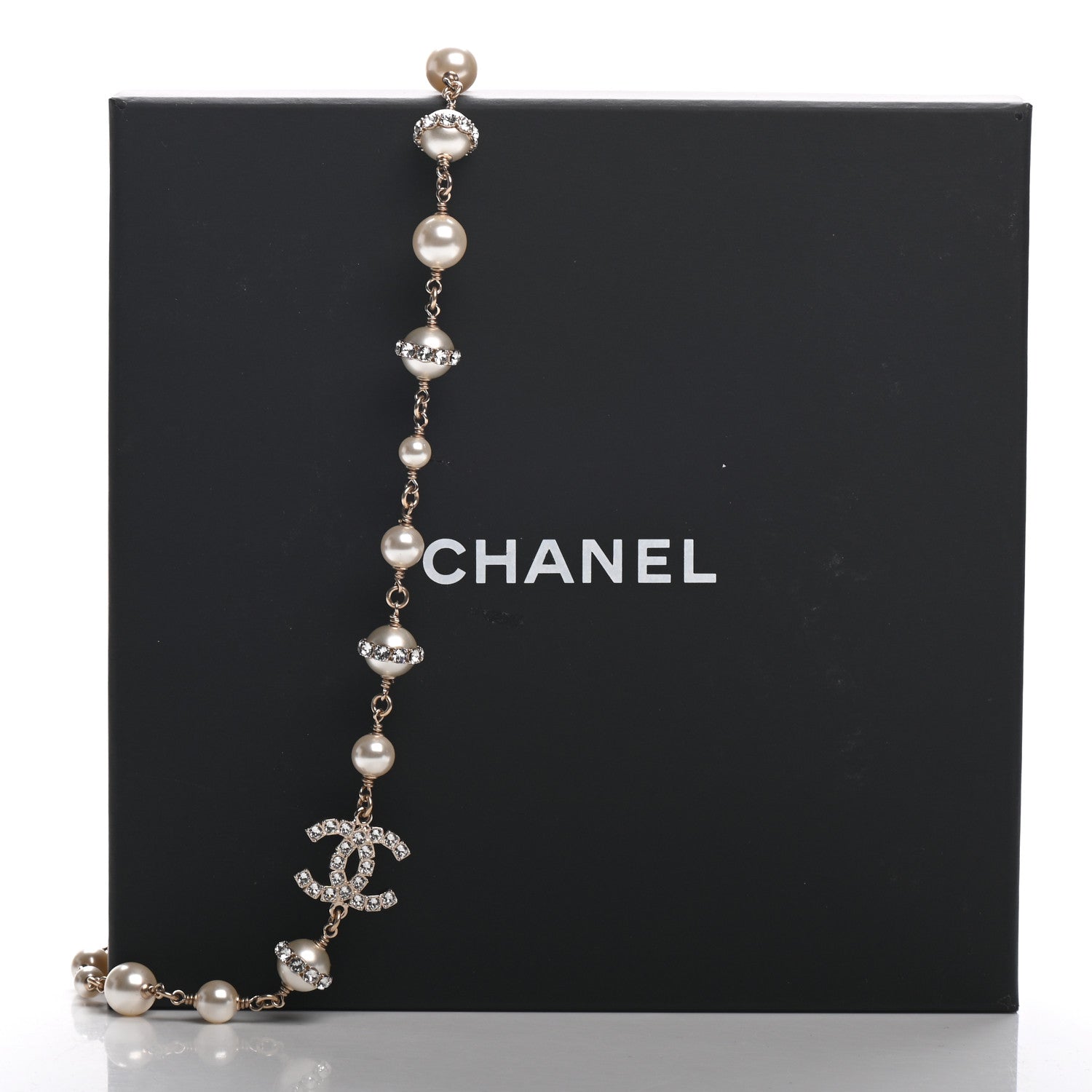 Chanel Crystal Pearl CC Long Necklace Gold 5 of 5