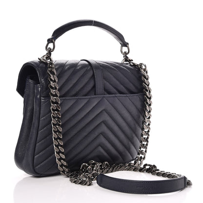 Saint Laurent Sheepskin Matelasse Chevron Monogram Medium College Bag Deep Marine 3 of 7