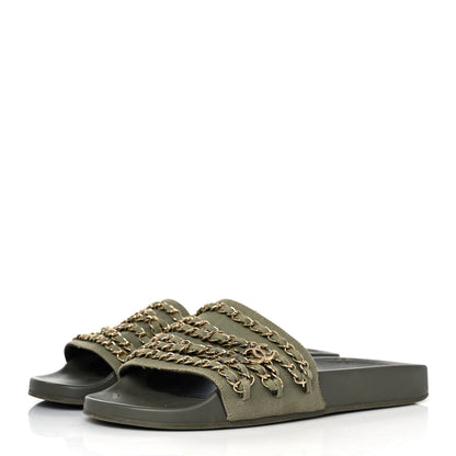 Chanel Canvas Chain Flat Sandals 40 Khaki 3 of 9