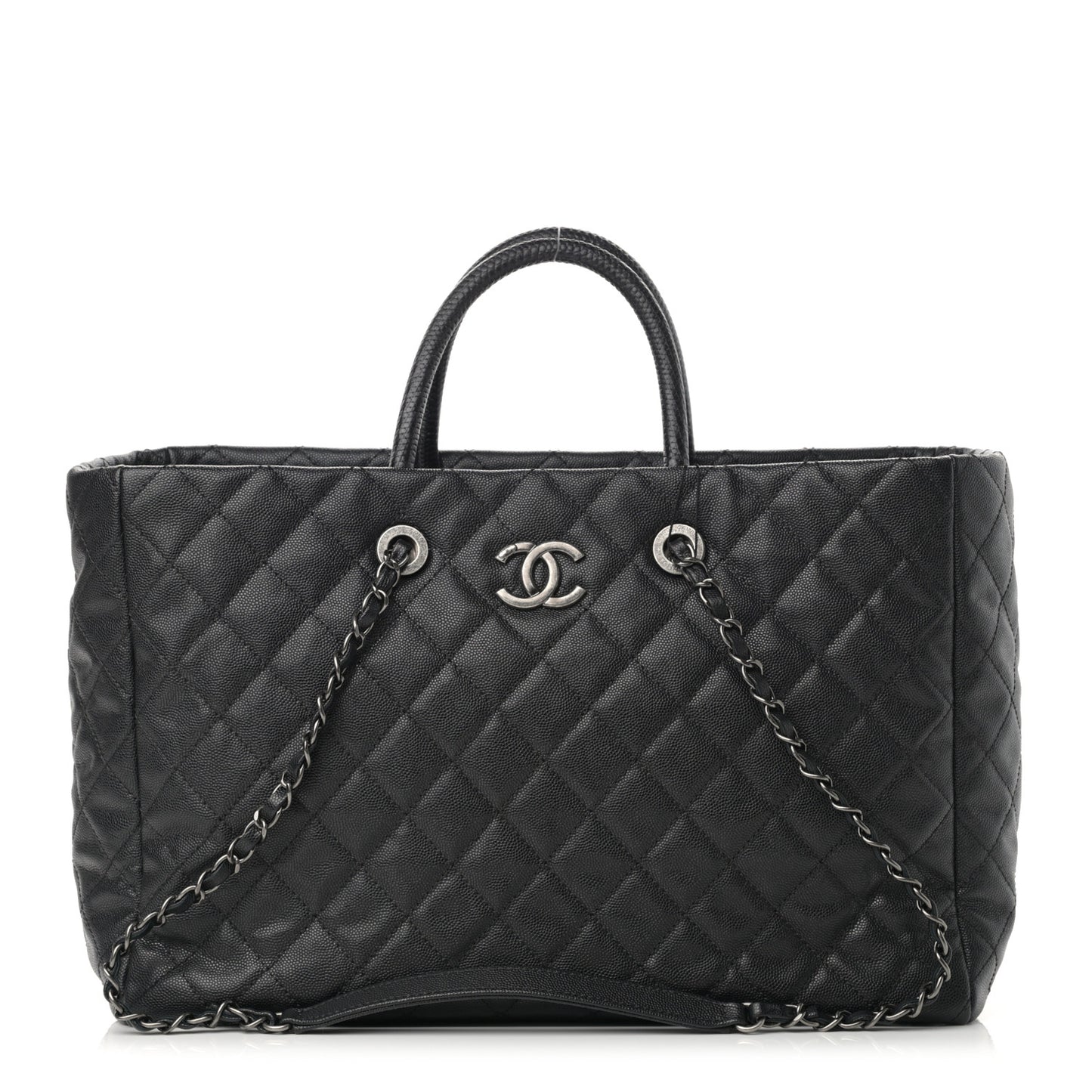 Caviar Lizard Quilted Large Coco Handle Shopping Tote Black