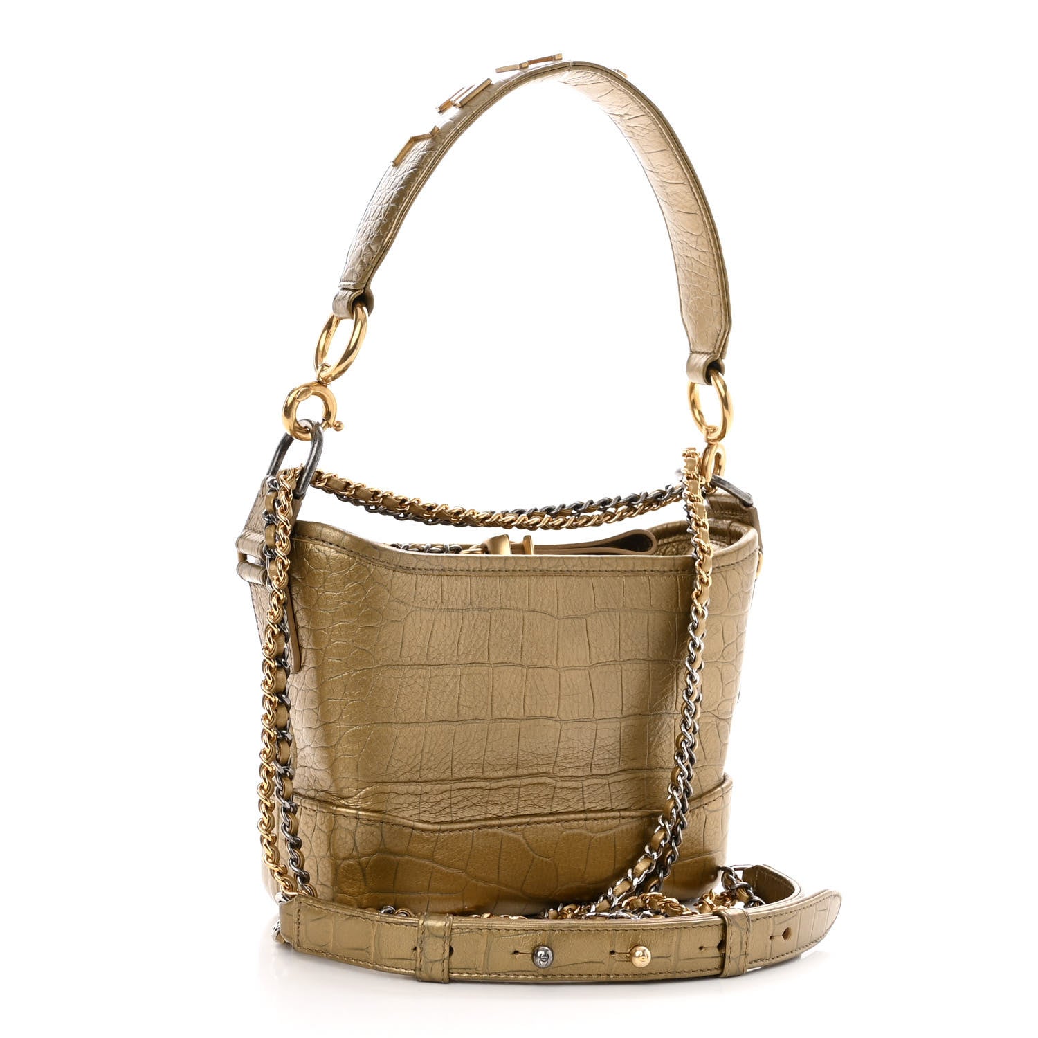 Chanel Metallic Calfskin Crocodile Embossed Cocodile Small Gabrielle Hobo Gold 3 of 9