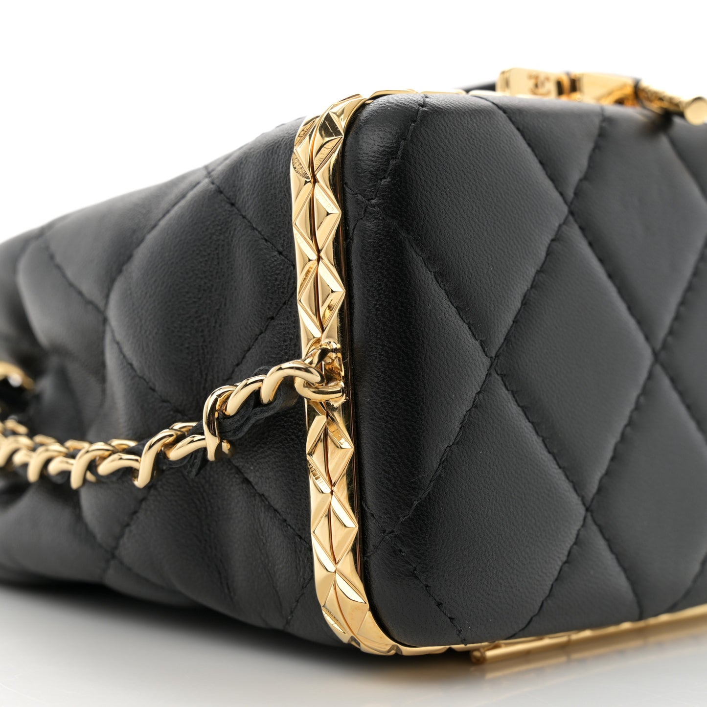 Metal Lambskin Quilted Small Chain Bucket Bag Black
