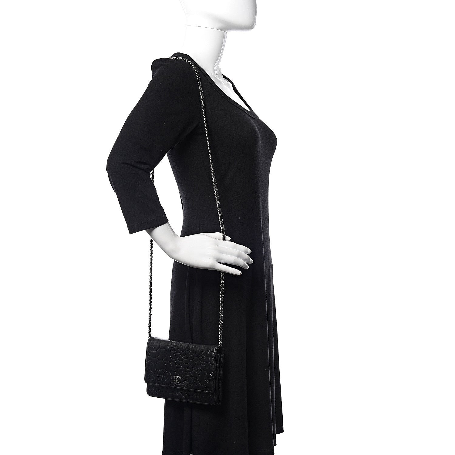 Chanel Lambskin Camellia Embossed Wallet on Chain WOC Black 2 of 15