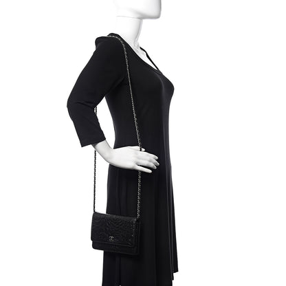 Chanel Lambskin Camellia Embossed Wallet on Chain WOC Black 2 of 15