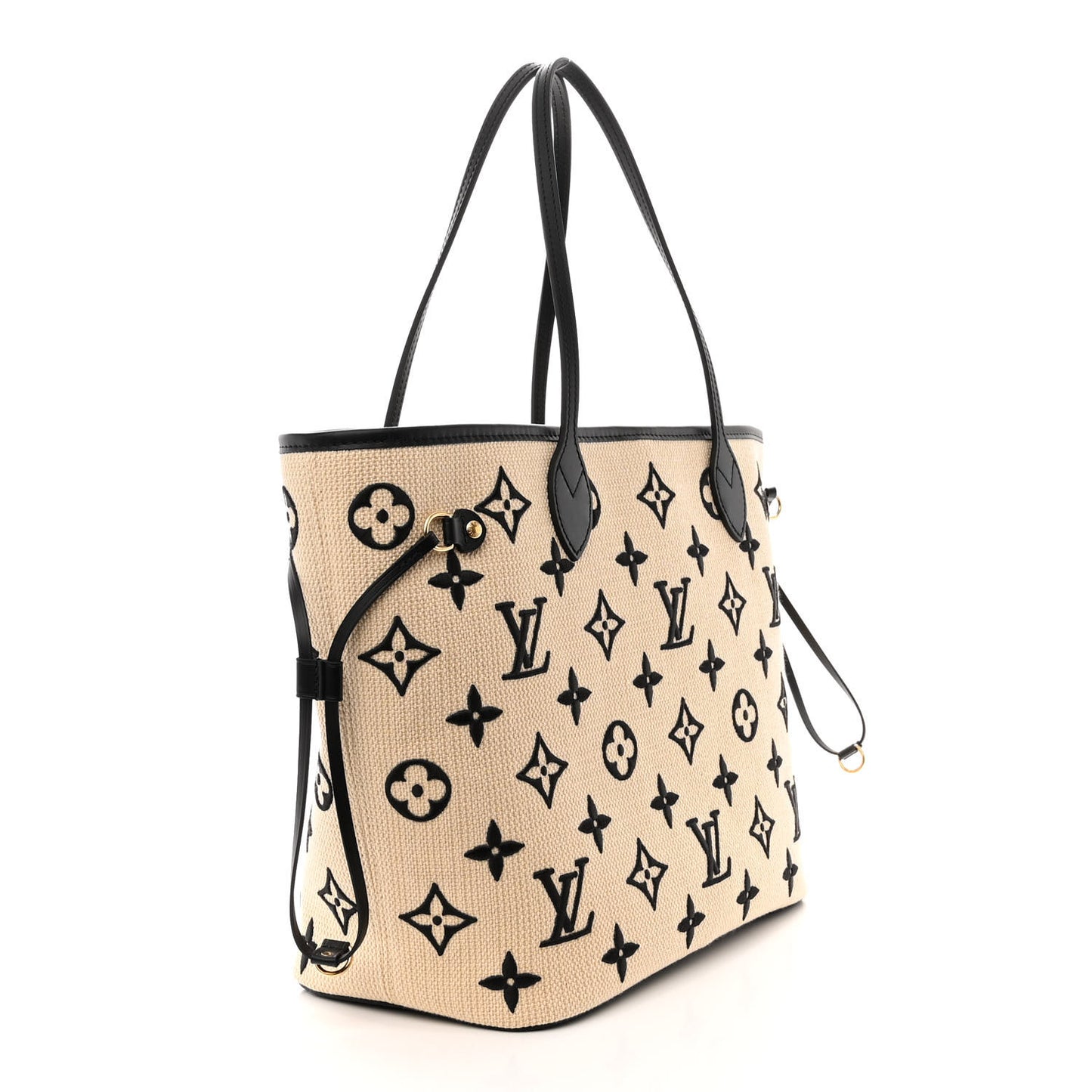 Cotton Monogram Embroidered Neverfull MM Beige Black