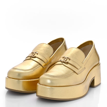 Chanel Laminated Calfskin CC Platform Loafers 37.5 Golden 4 of 10