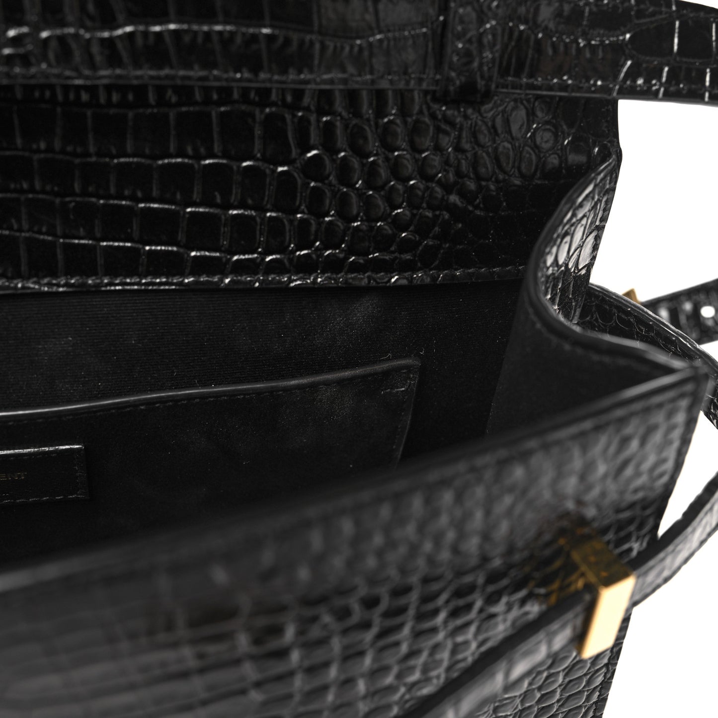 Shiny Calfskin Crocodile Embossed Manhattan Baguette Black