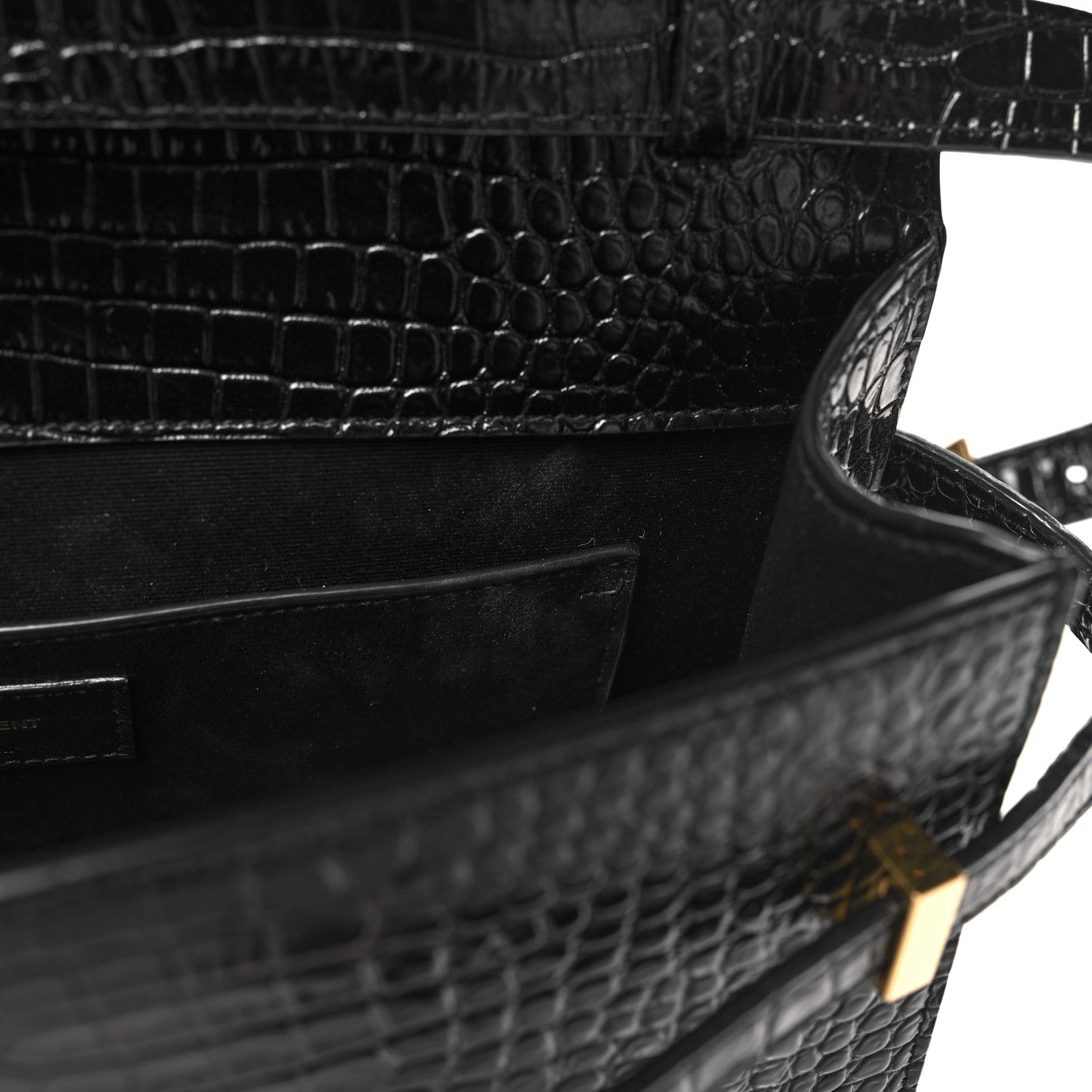 Saint Laurent Shiny Calfskin Crocodile Embossed Manhattan Baguette Black 11 of 12
