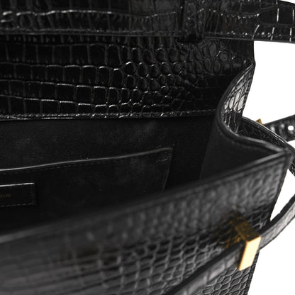 Saint Laurent Shiny Calfskin Crocodile Embossed Manhattan Baguette Black 11 of 12