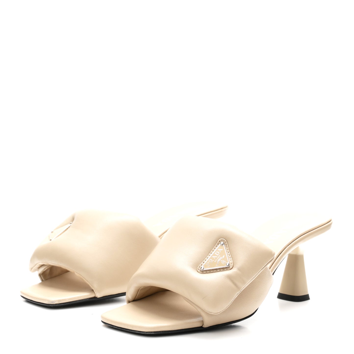 Nappa Soft Padded Metal Triangle Logo 65mm Slide Sandals 39.5 Deserto