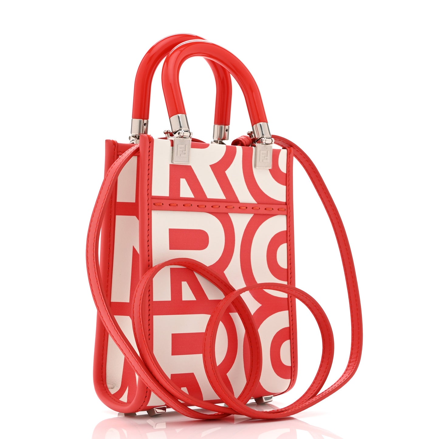 X MARC JACOBS Vitello King Plexiglass Logo Print Mini Fendi Sunshine Shopper Tote Coral  White
