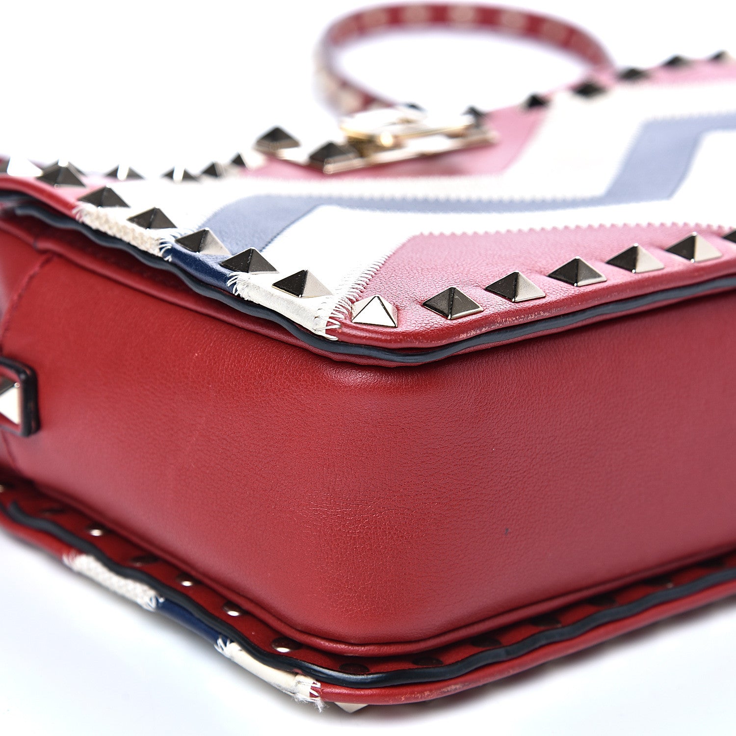 Valentino Garavani Calfskin Canvas Zig Zag Print Rockstud Flip Lock Camera Crossbody Bag Red Blue 6 of 11