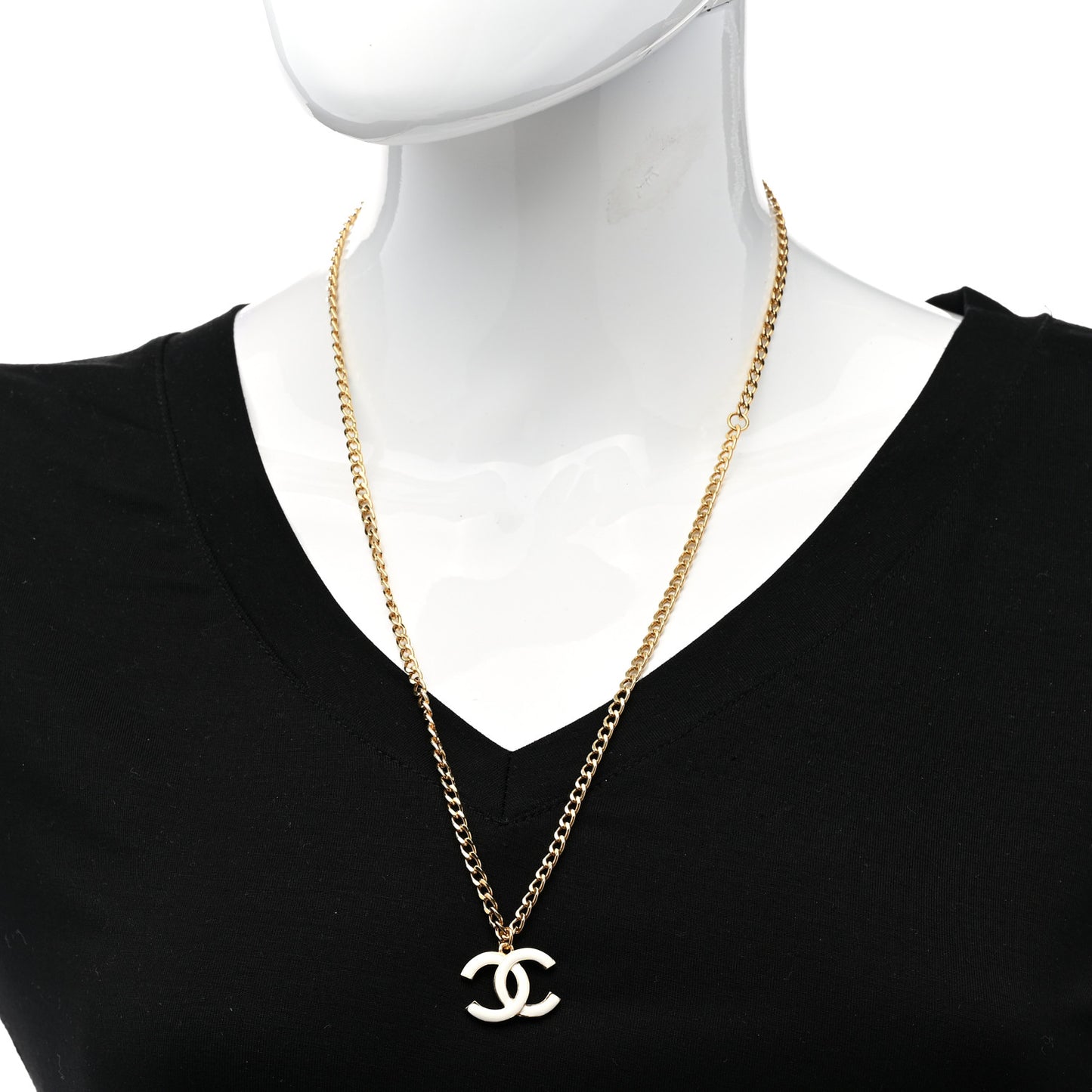 Metal Enamel CC Chain Necklace Gold White