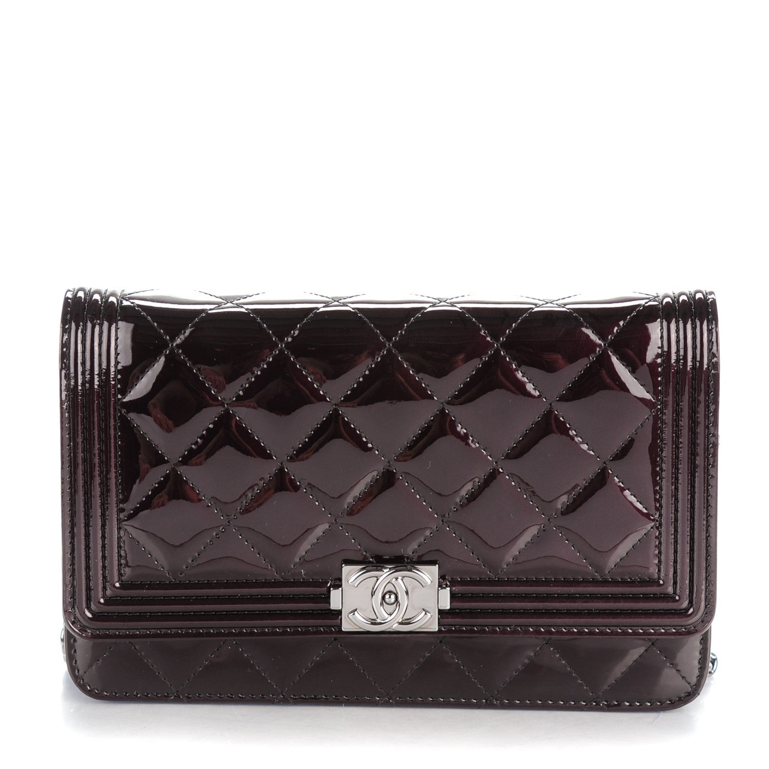 Chanel Patent Calfskin Quilted Boy Wallet On Chain WOC Burgundy Black 1 of 8