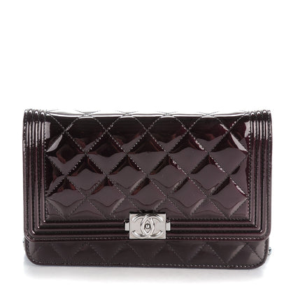 Chanel Patent Calfskin Quilted Boy Wallet On Chain WOC Burgundy Black 1 of 8