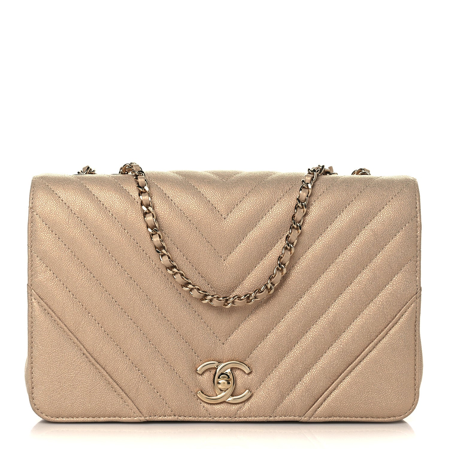 Chanel Metallic Caviar Chevron Quilted Medium Statement Flap Beige 1 of 7