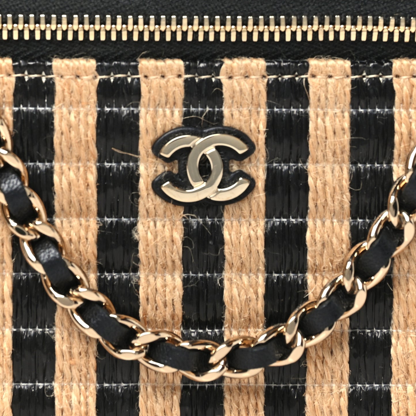 Raffia Jute Striped Small Vanity Case With Chain Black Beige