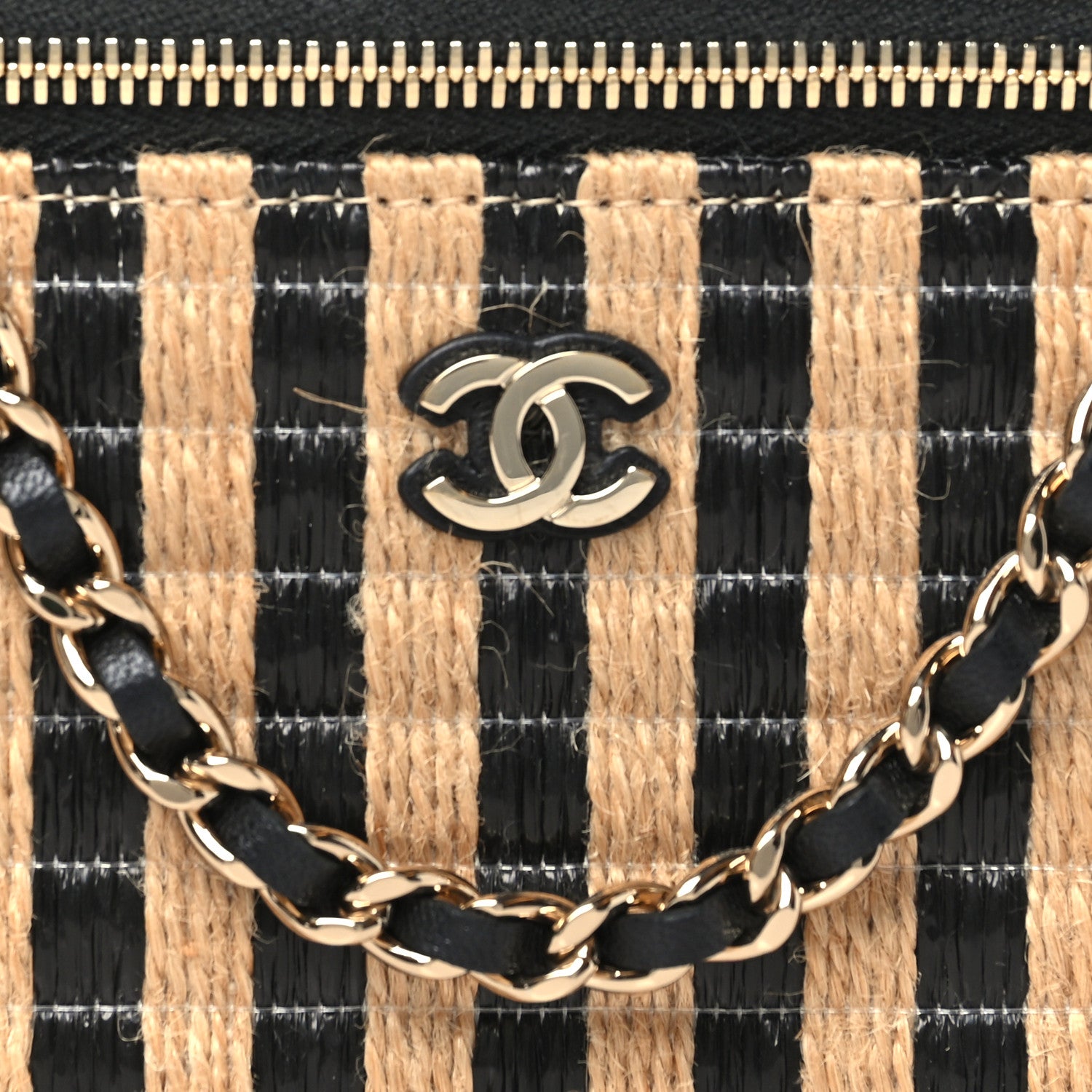 Chanel Raffia Jute Striped Small Vanity Case With Chain Black Beige 8 of 11