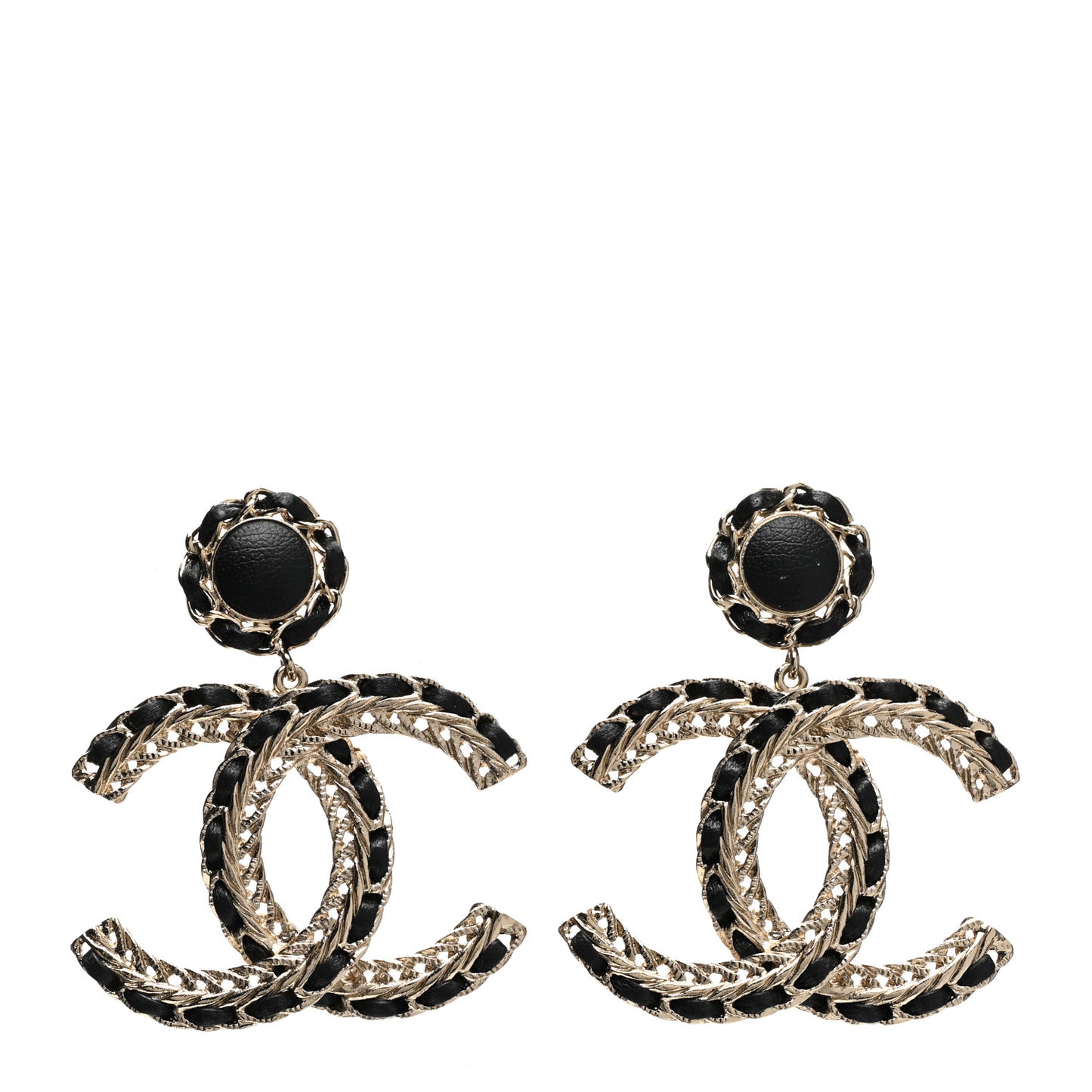 Lambskin CC Chain Drop Earrings Black Gold