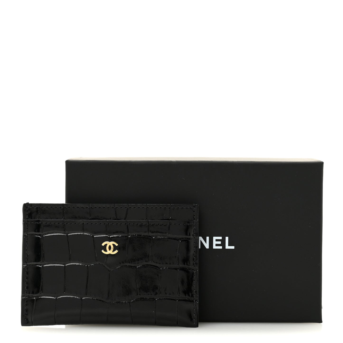 Calfskin Crocodile Embossed Crococo Card Holder Black
