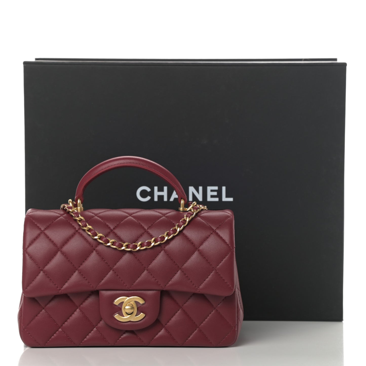 Lambskin Quilted Mini Top Handle Rectangular Flap Burgundy