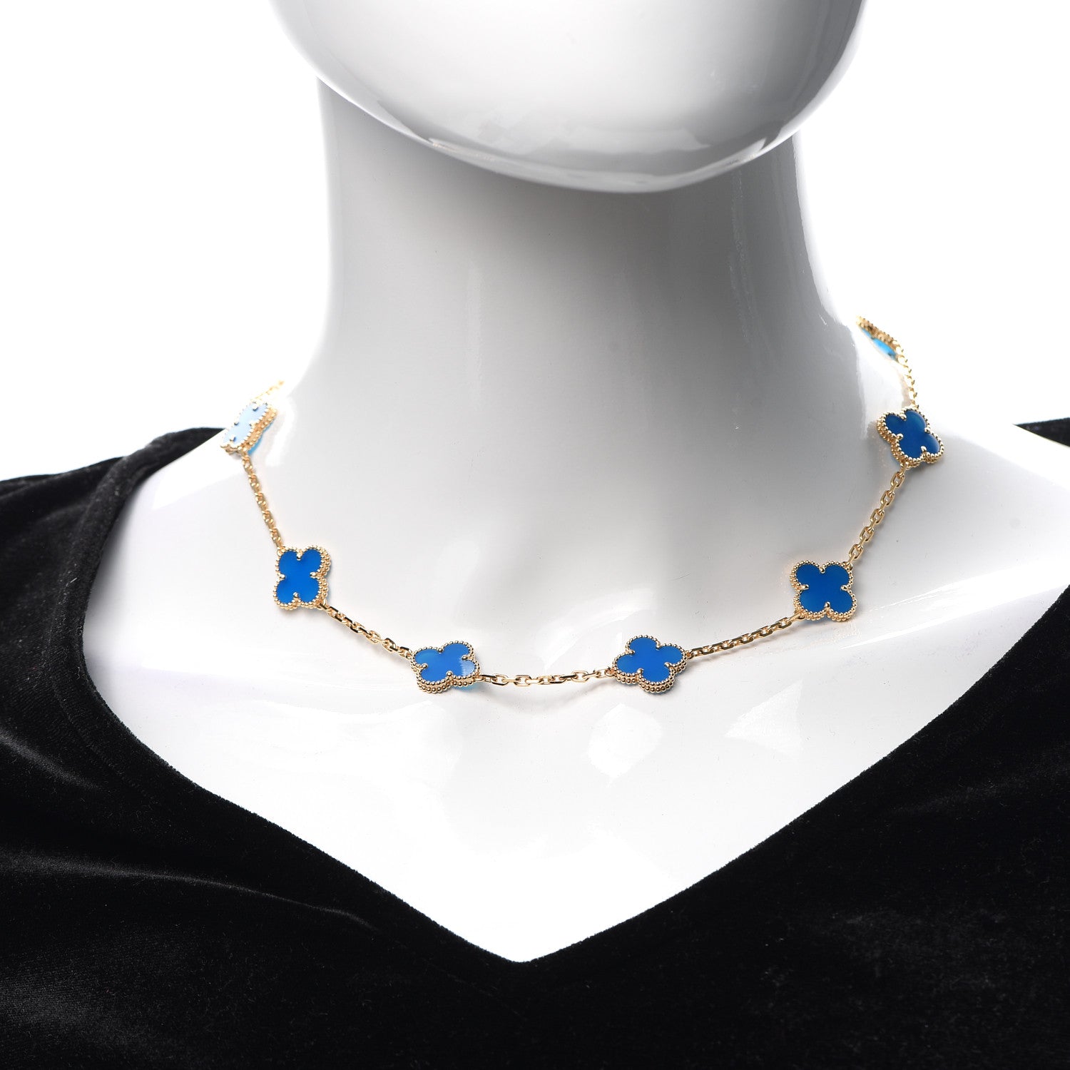 Van Cleef & Arpels 18K Yellow Gold Blue Agate 10 Motifs Vintage Alhambra Necklace 2 of 7