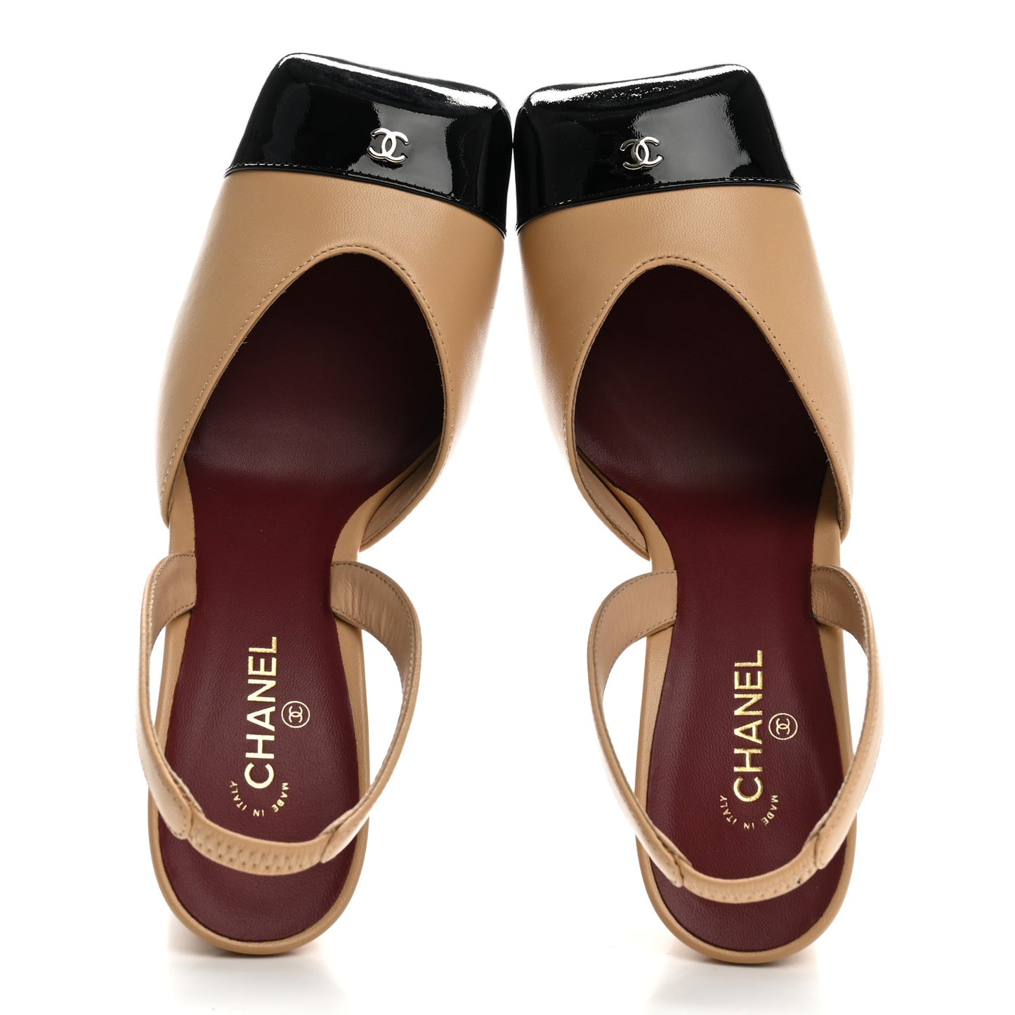 Lambskin Patent Calfskin Cap Toe CC Slingback Pumps 37 Beige Black