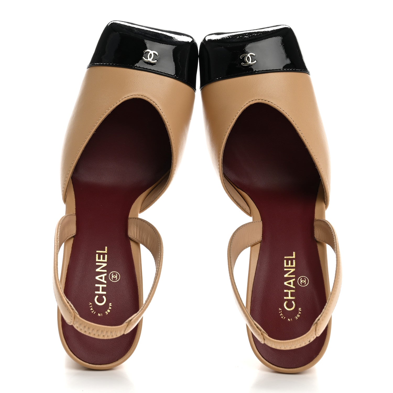 Chanel Lambskin Patent Calfskin Cap Toe CC Slingback Pumps 37 Beige Black 2 of 10
