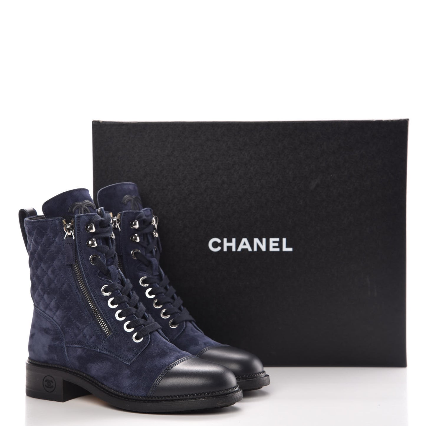 Suede Calfskin Quilted Lace Up Boots 37.5 Navy