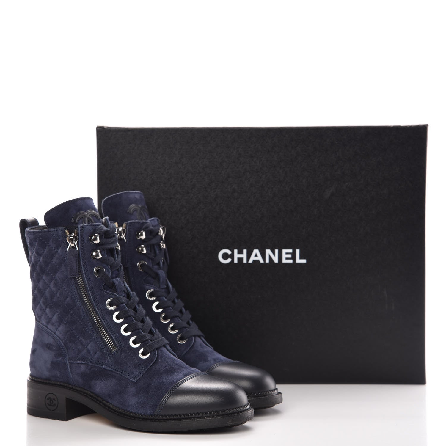 Chanel Suede Calfskin Quilted Lace Up Boots 37.5 Navy 9 of 9