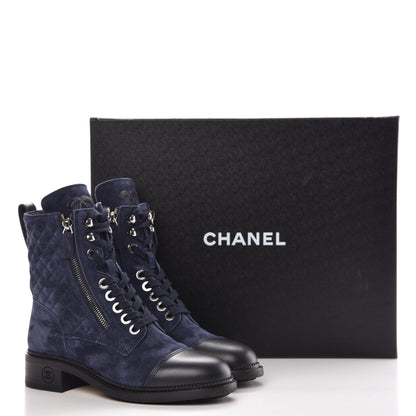 Chanel Suede Calfskin Quilted Lace Up Boots 37.5 Navy 9 of 9