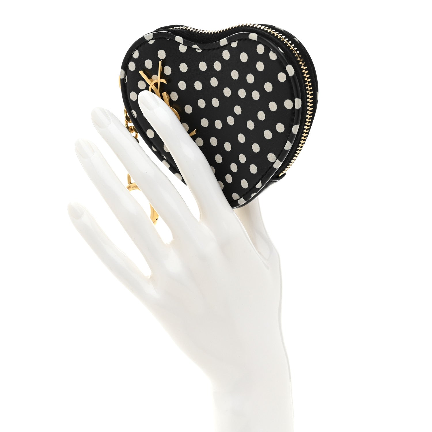 Saint Laurent Calfskin Polka Dot Monogram Heart Key Pouch Black White 2 of 7