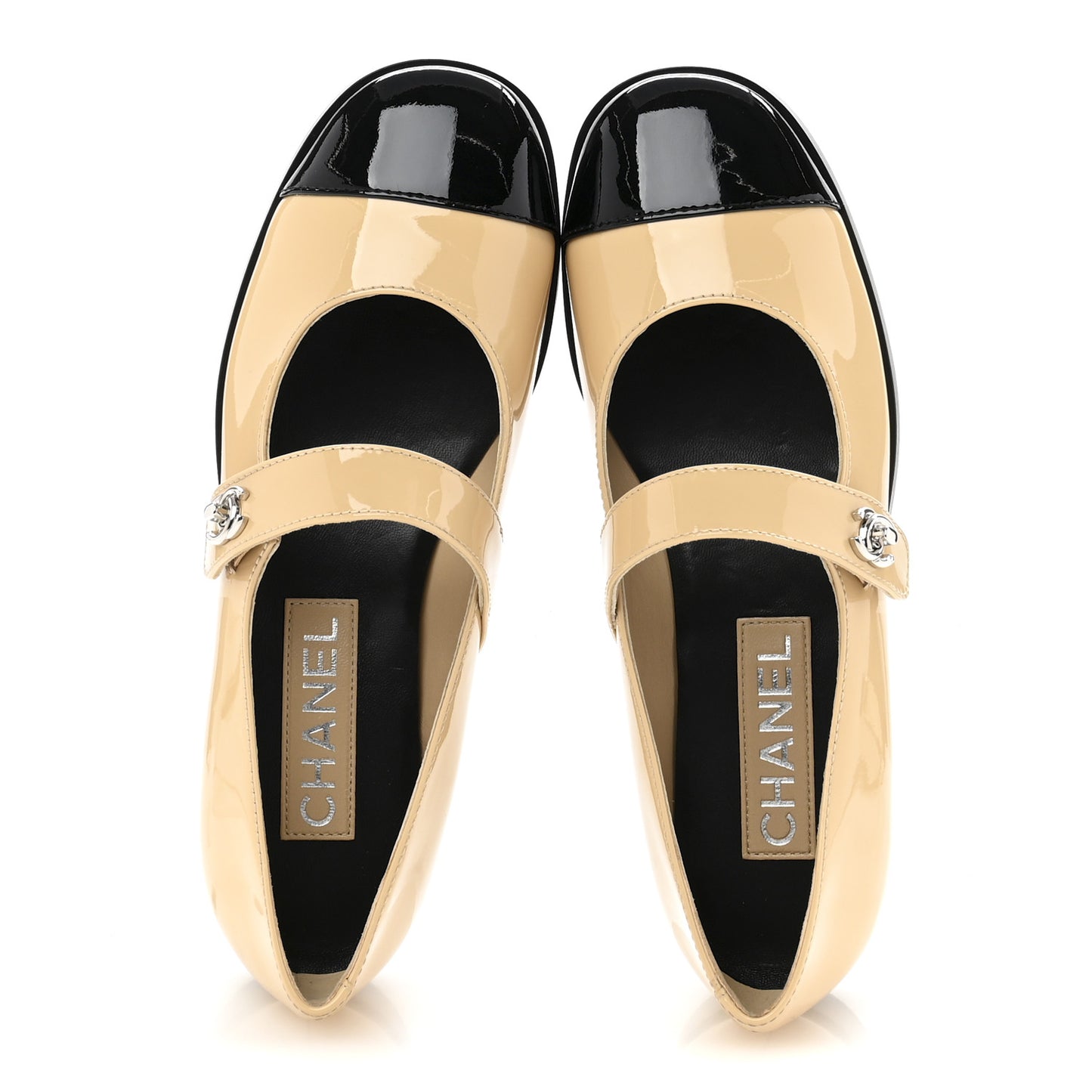 Patent Calfskin Mary Janes Flats 37 Beige Black