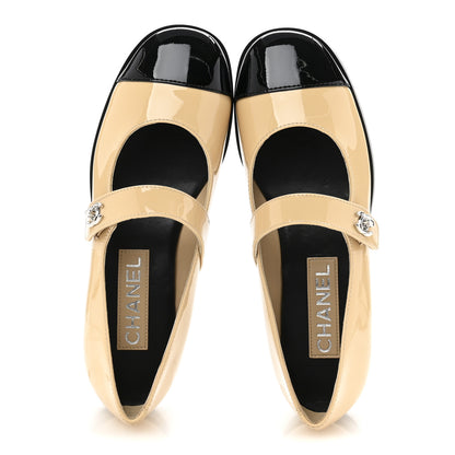 Chanel Patent Calfskin Mary Janes Flats 37 Beige Black 2 of 10