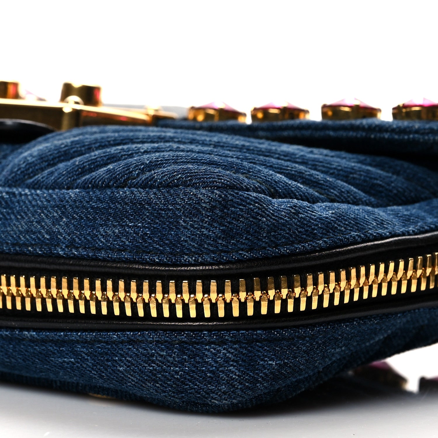 Miu Miu Denim Crystal Embellished Grommet Biker Shoulder Bag Blue Black 8 of 10