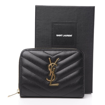 Saint Laurent Grain De Poudre Matelasse Chevron Monogram Compact Zip Around Wallet Black 8 of 8