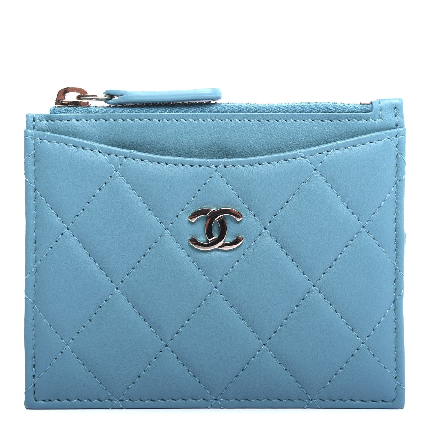 Lambskin Quilted Zip Card Holder Turquoise