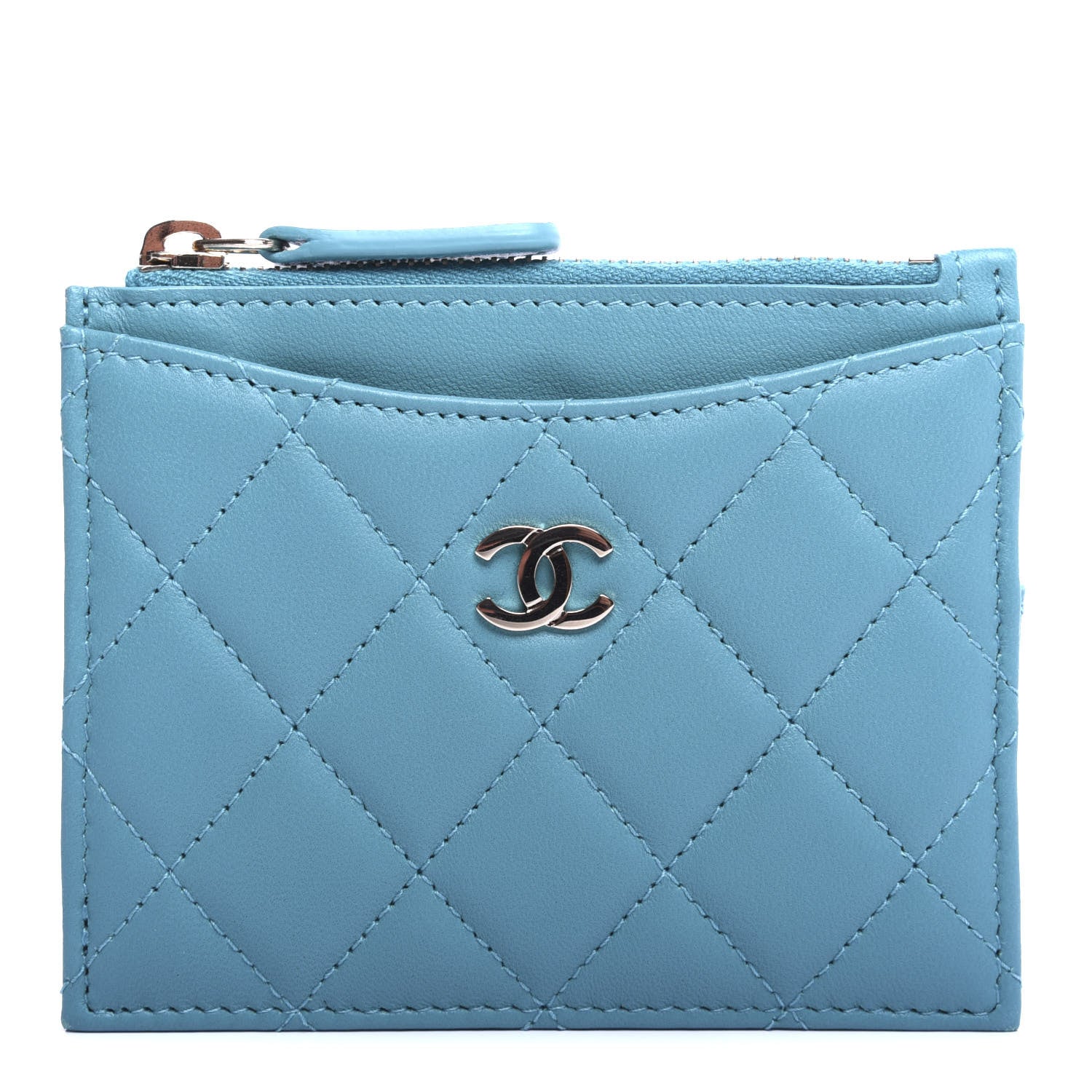 Chanel Lambskin Quilted Zip Card Holder Turquoise 1 of 7