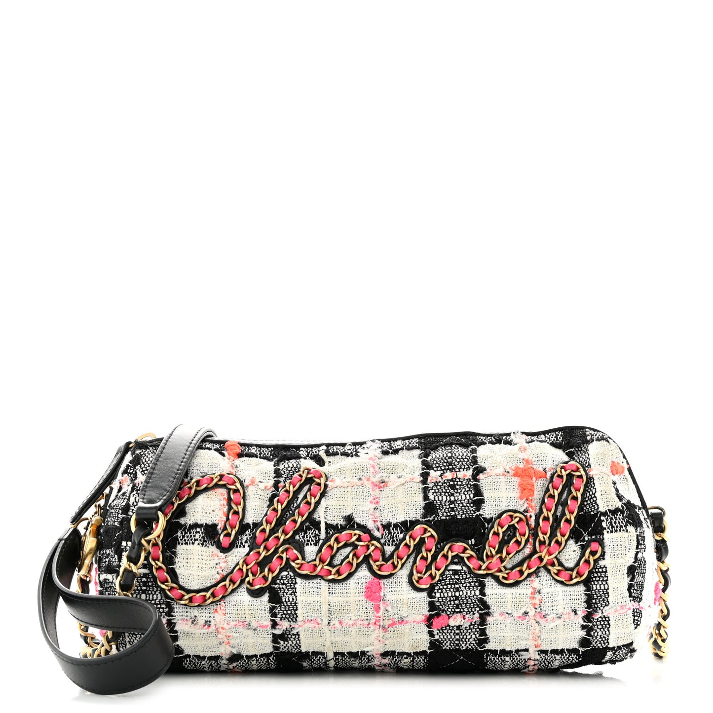 Tweed Calfskin Signe Bowling Bag White Black