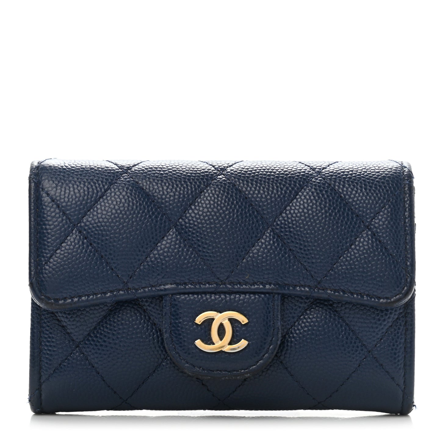 Caviar Quilted Flap Card Holder Navy Blue