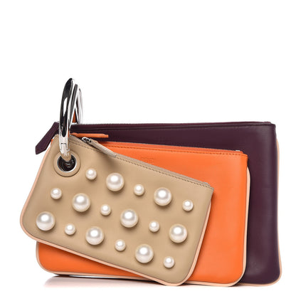 Fendi Calfskin Pearl F is Fendi Embellished Triplette Pouch Set Amido Papaya Amarone 1 of 10