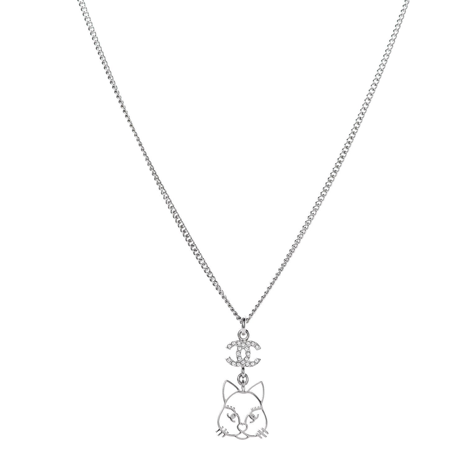 Chanel Crystal Emoji Choupette Cat Pendant Necklace Silver 1 of 4