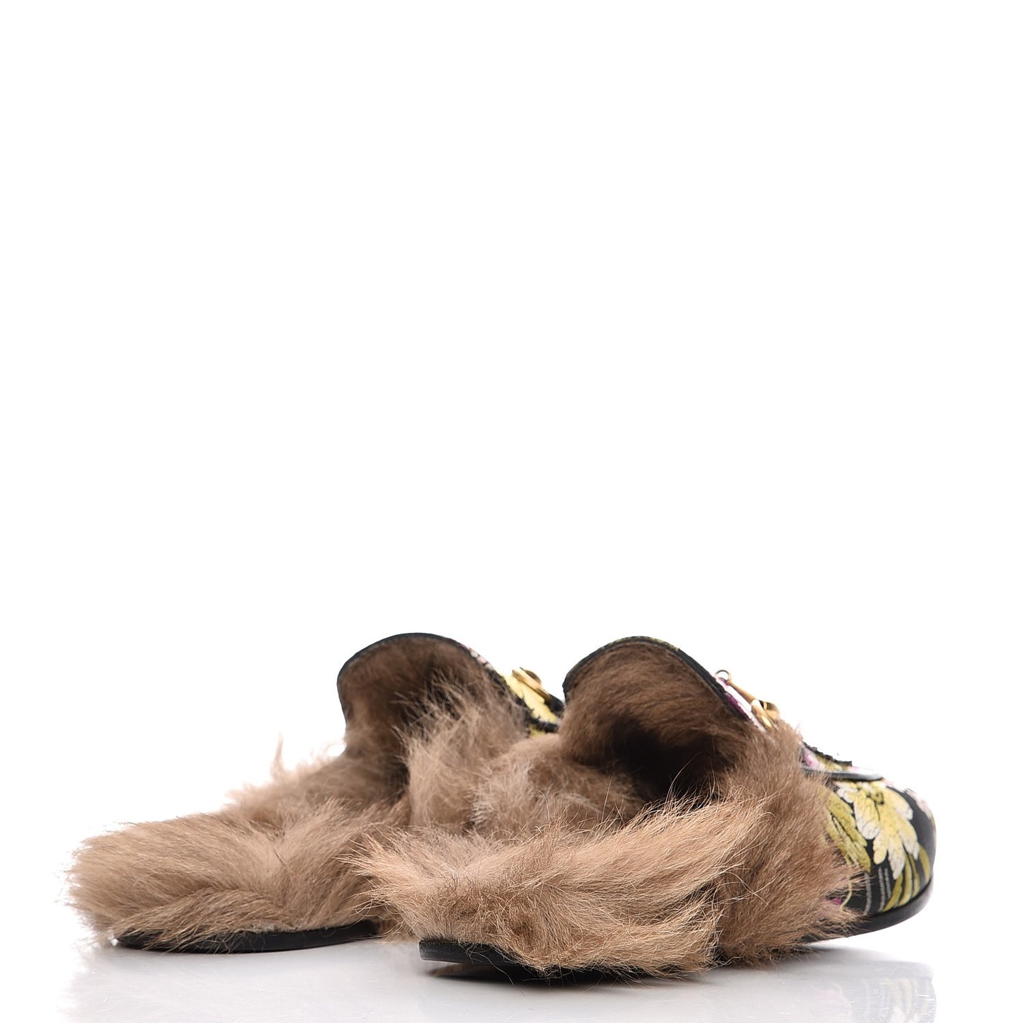 Jacquard Fur Floral Embroidered Womens Princetown Slippers 35.5 Black Multicolor