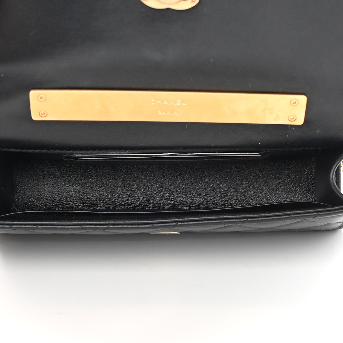 Lambskin Enamel Quilted Top Handle Flap Phone Holder With Chain Black