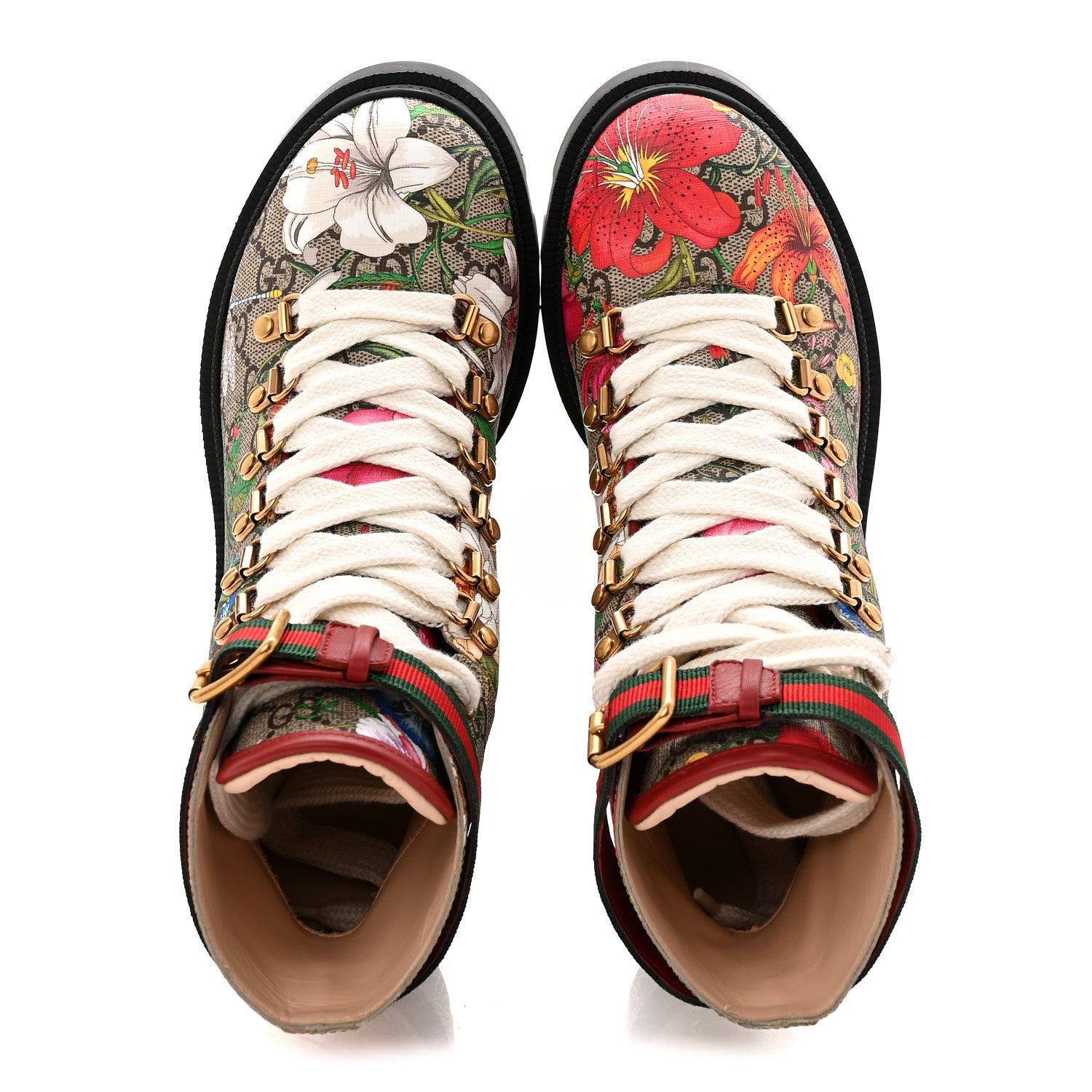 Gucci GG Supreme Monogram Flora Lace Up Combat Ankle Boots 37 Beige Multicolor Red 2 of 10