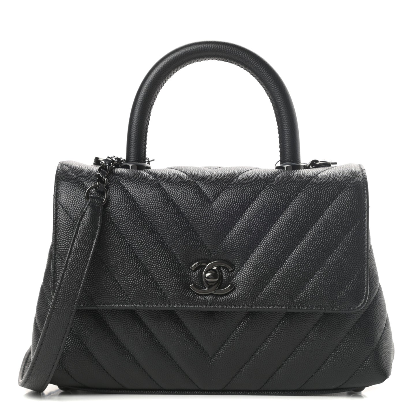 Caviar Chevron Quilted Mini Coco Handle Flap So Black