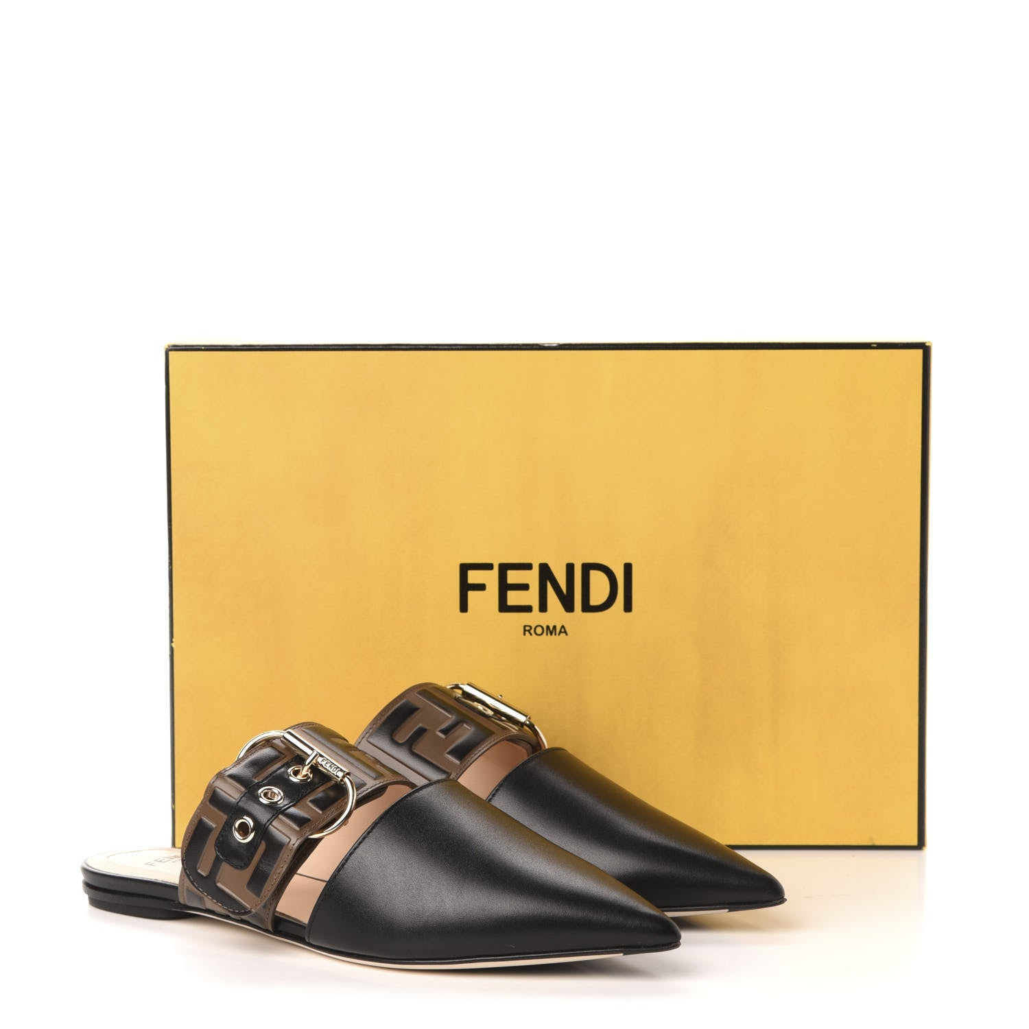 Fendi Vitello FF Embossed Buckle Flat Mules 35.5 Maya Black 9 of 9